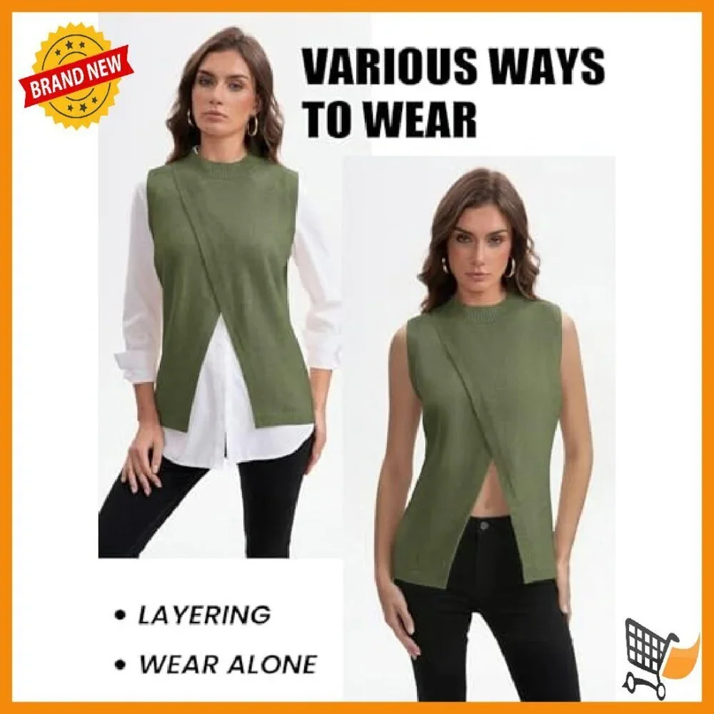 Mock Neck Sweater Vest Sleeveless Split Hem Pullover Knit Top